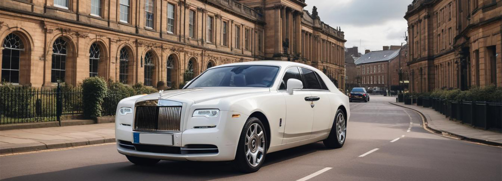 A White Luxury Rolls Royce moving along a city street